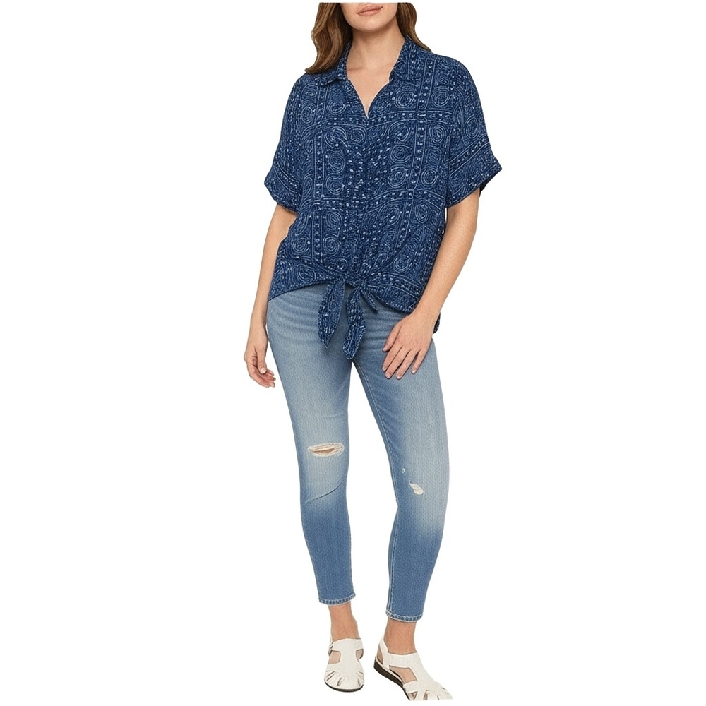 IML Blue Paisley Bandana Button‎ Up Short Sleeve Loose Shirt Womens XL